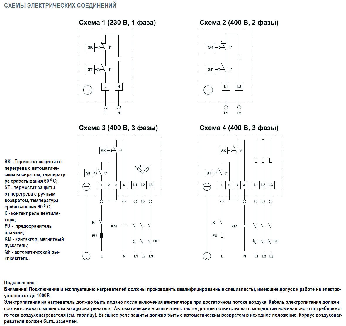 EOK-125-1.8-1ф электронагреватель — Схемы монтажа